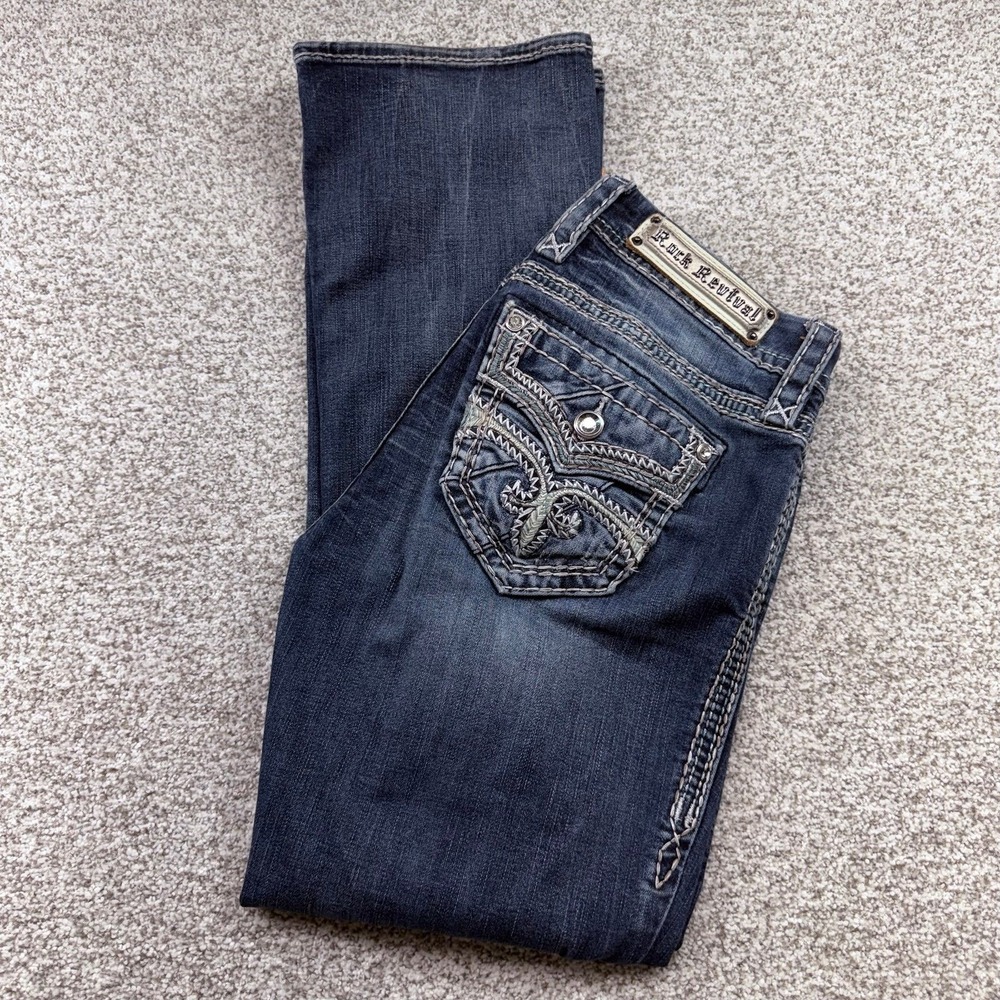 Women's Rock Revival Dark Wash Blue Sukara Easy Boot Embroidered Jeans Sz 26x30